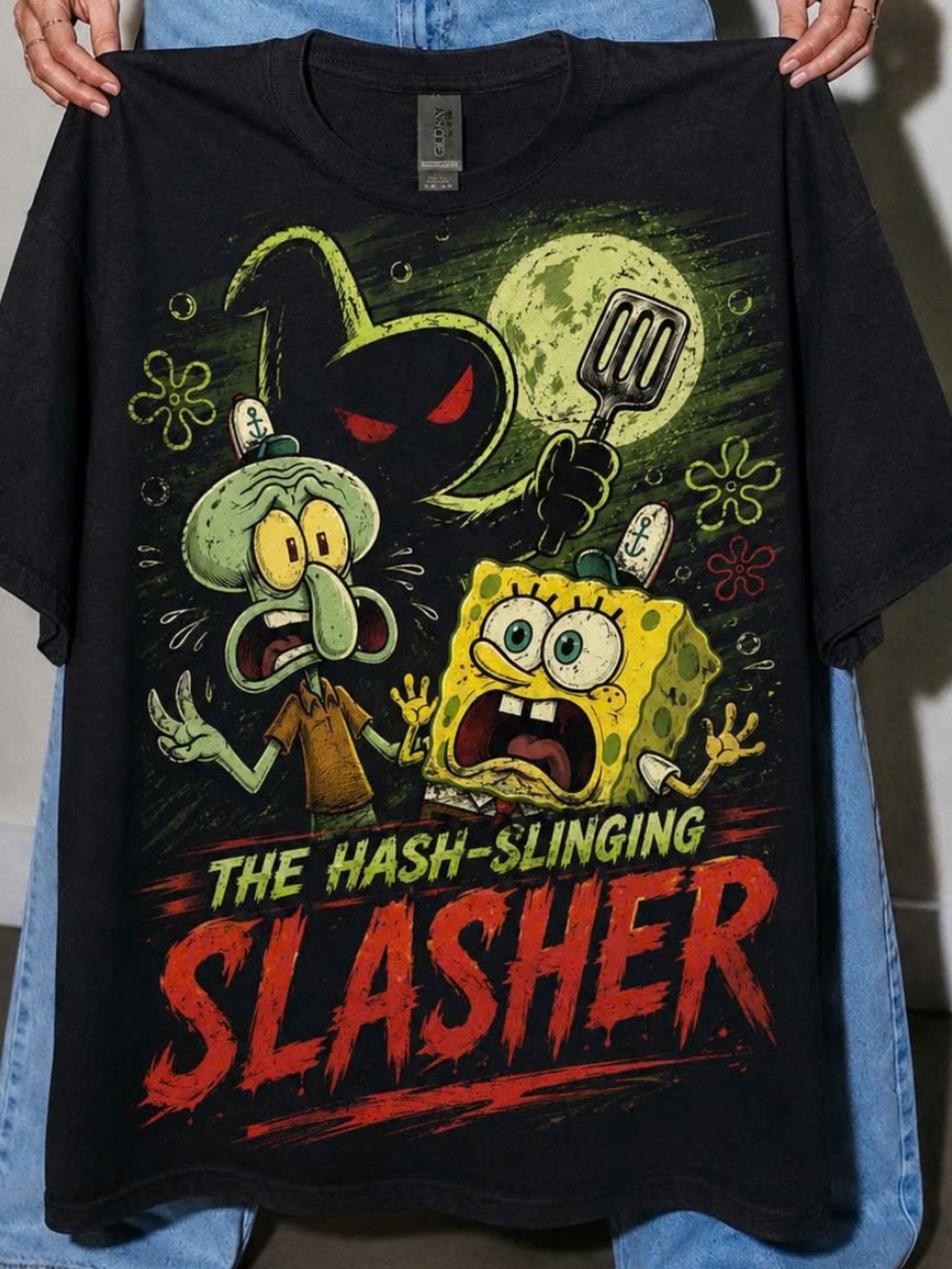Gildan Black SpongeBob 'The Hash-Slinging Slasher' Graphic T- Shirt, Retro Style